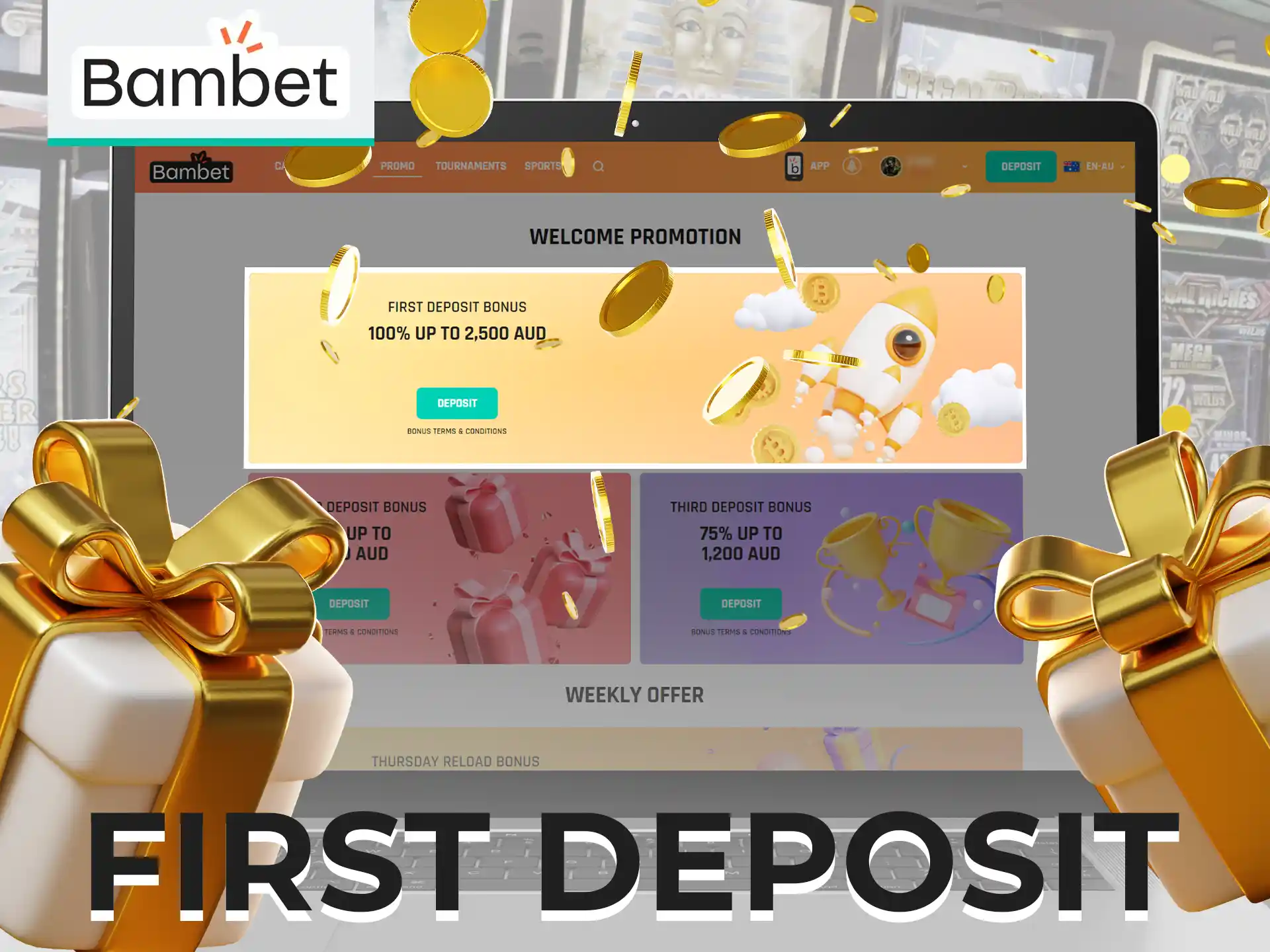 First deposit welcome bonus with maximum winnings up to AUD 2,500 at Bambet.